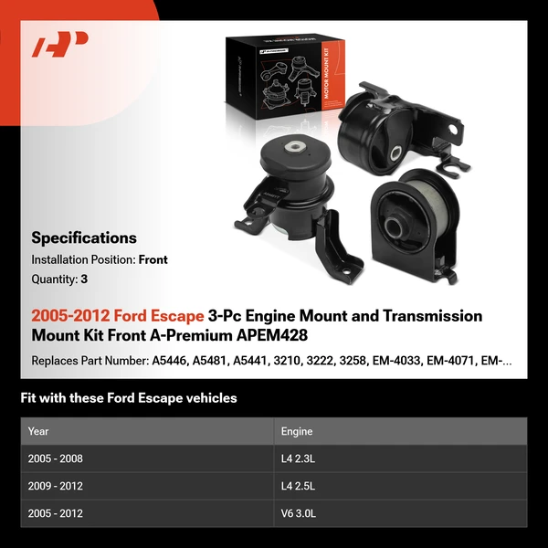 2005-2012 Ford Escape 3-Pc Engine Mount and Transmission Mount Kit Front A-Premium APEM428