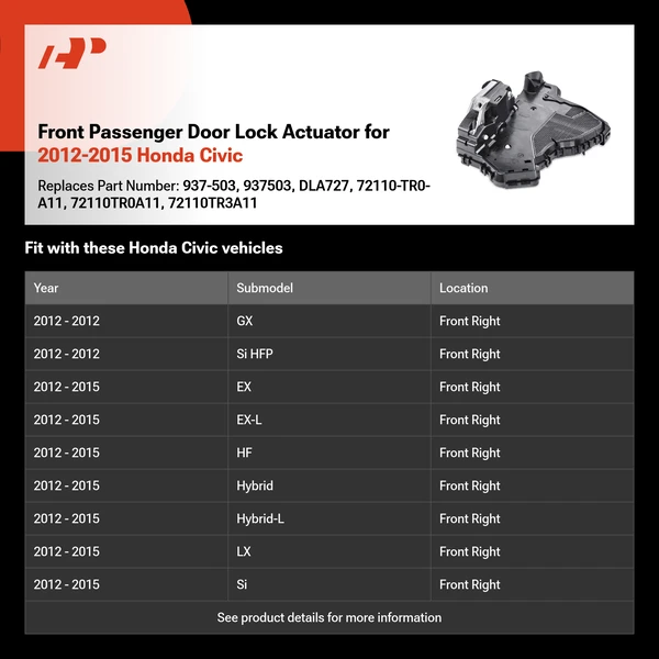 Front Passenger Door Lock Actuator for 2012-2015 Honda Civic