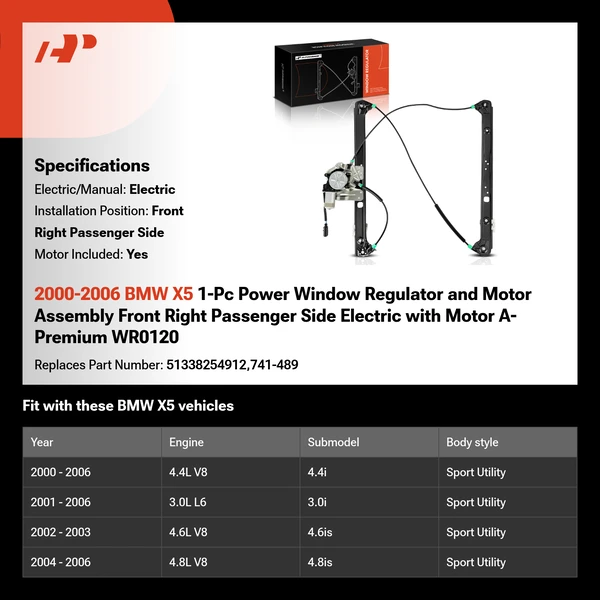 2000-2006 BMW X5 1-Pc Power Window Regulator and Motor Assembly Front Right Passenger Side Electric with Motor A-Premium WR0120