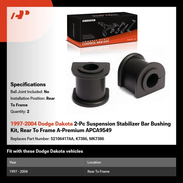 1997-2004 Dodge Dakota 2-Pc Suspension Stabilizer Bar Bushing Kit, Rear To Frame A-Premium APCA9549