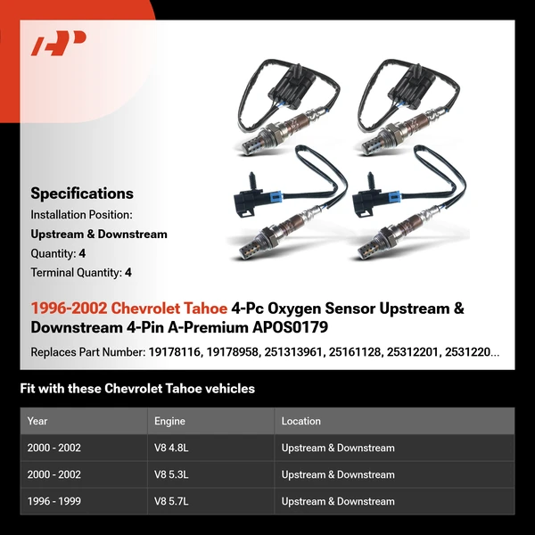1996-2002 Chevrolet Tahoe 4-Pc Oxygen Sensor Upstream & Downstream 4-Pin A-Premium APOS0179