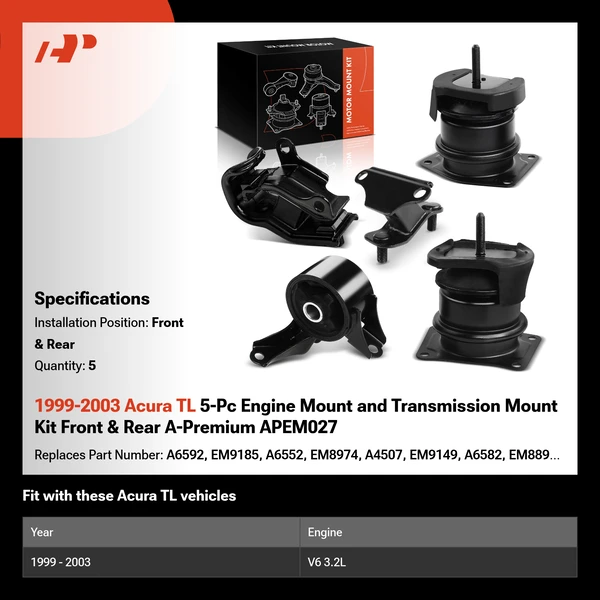 1999-2003 Acura TL 5-Pc Engine Mount and Transmission Mount Kit Front & Rear A-Premium APEM027