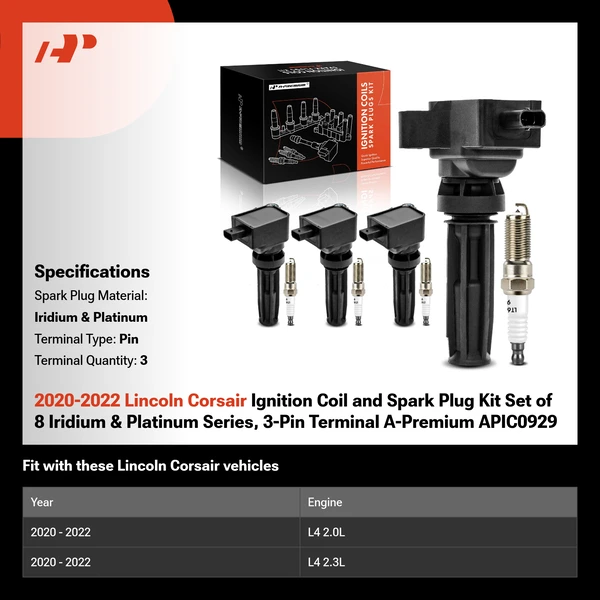 2020-2022 Lincoln Corsair Ignition Coil and Spark Plug Kit Set of 8 Iridium & Platinum Series, 3-Pin Terminal A-Premium APIC0929