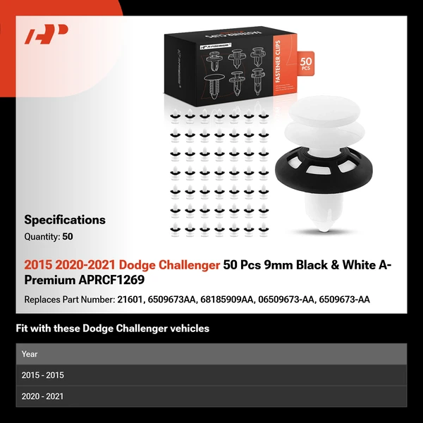 2015 2020-2021 Dodge Challenger 50 Pcs 9mm Black & White A-Premium APRCF1269