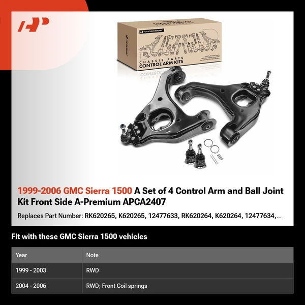 1999-2006 GMC Sierra 1500 A Set of 4 Control Arm and Ball Joint Kit Front Side A-Premium APCA2407