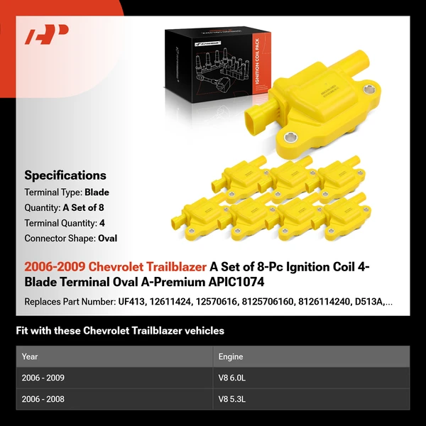 2006-2009 Chevrolet Trailblazer A Set of 8-Pc Ignition Coil 4-Blade Terminal Oval A-Premium APIC1074