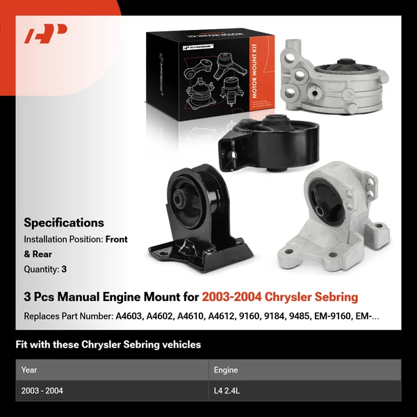 3 Pcs Manual Engine Mount for 2003-2004 Chrysler Sebring