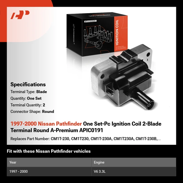 1997-2000 Nissan Pathfinder One Set-Pc Ignition Coil 2-Blade Terminal Round A-Premium APIC0191
