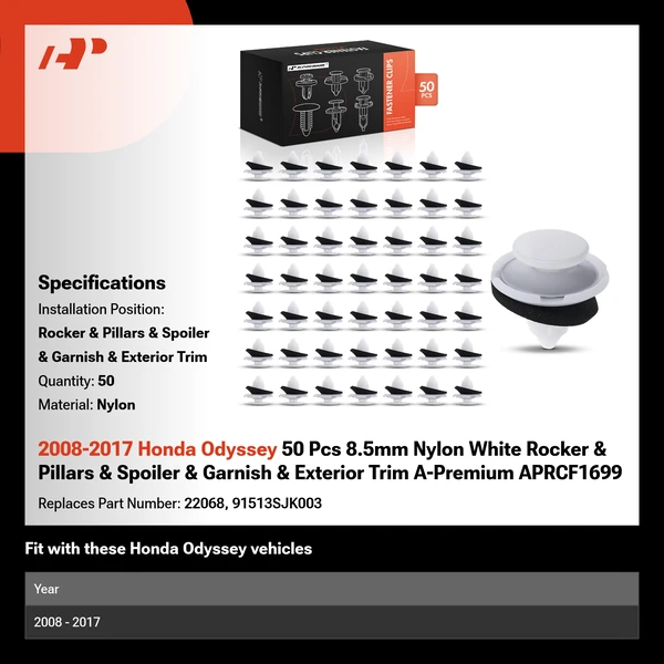 2008-2017 Honda Odyssey 50 Pcs 8.5mm Nylon White Rocker & Pillars & Spoiler & Garnish & Exterior Trim A-Premium APRCF1699