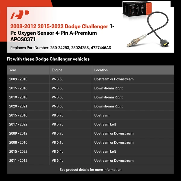 2008-2012 2015-2022 Dodge Challenger 1-Pc Oxygen Sensor 4-Pin A-Premium APOS0371