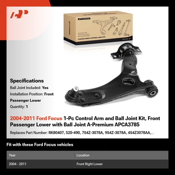 2004-2011 Ford Focus 1-Pc Control Arm and Ball Joint Kit, Front Passenger Lower with Ball Joint A-Premium APCA3785
