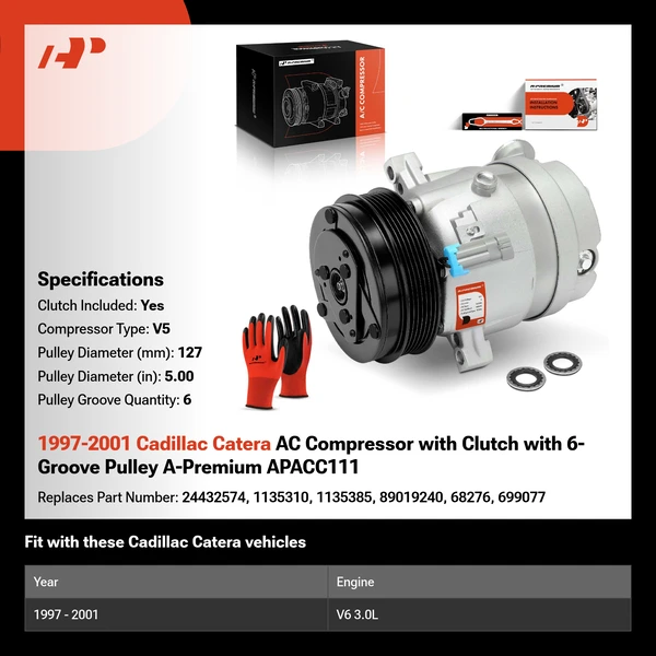1997-2001 Cadillac Catera AC Compressor with Clutch with 6-Groove Pulley A-Premium APACC111