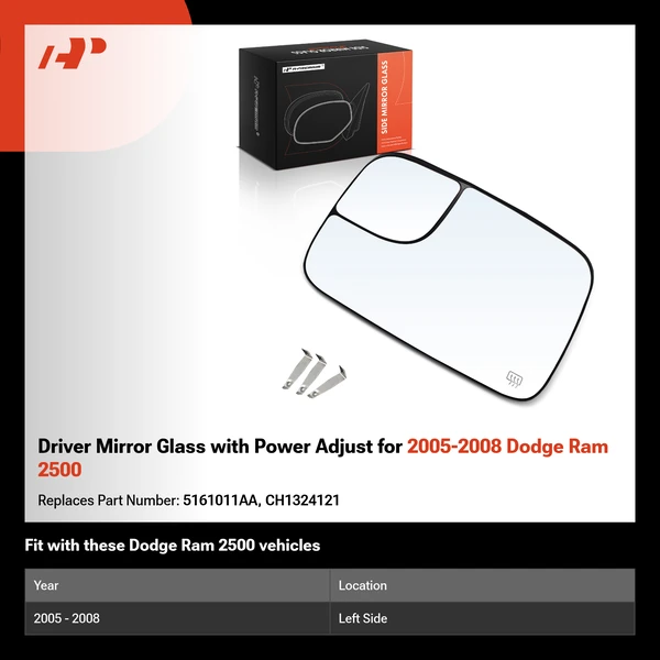 Driver Mirror Glass with Power Adjust for 2005-2008 Dodge Ram 2500