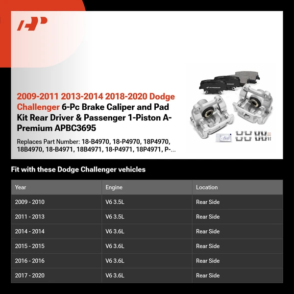 2009-2011 2013-2014 2018-2020 Dodge Challenger 6-Pc Brake Caliper and Pad Kit Rear Driver & Passenger 1-Piston A-Premium APBC3695