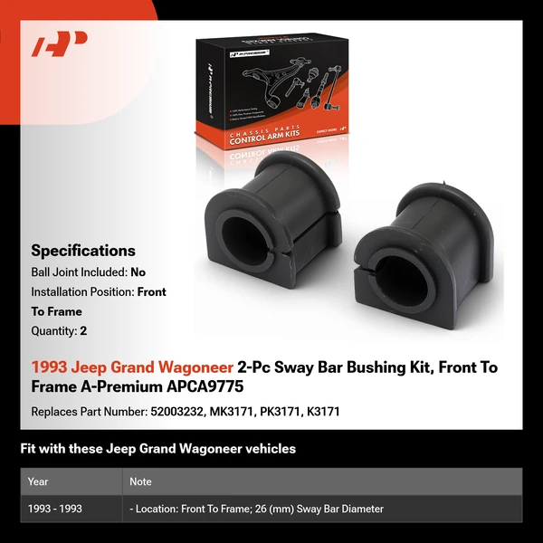 1993 Jeep Grand Wagoneer 2-Pc Sway Bar Bushing Kit, Front To Frame A-Premium APCA9775