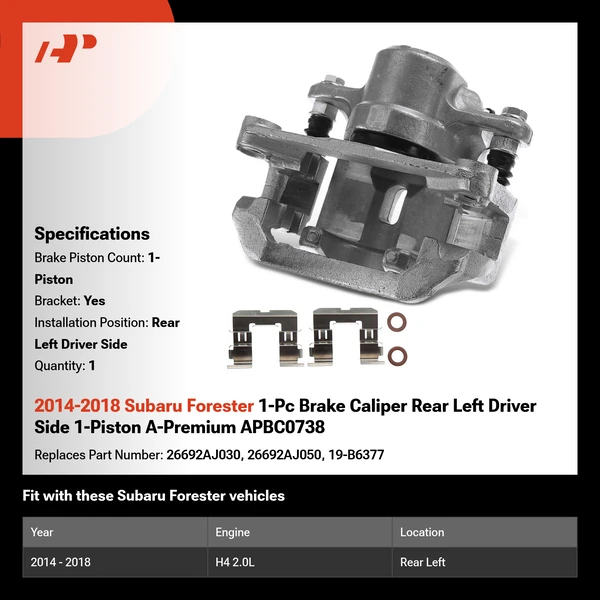 2014-2018 Subaru Forester 1-Pc Brake Caliper Rear Left Driver Side 1-Piston A-Premium APBC0738