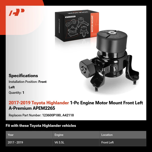 2017-2019 Toyota Highlander 1-Pc Engine Motor Mount Front Left A-Premium APEM2265