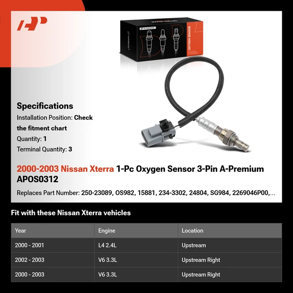 2000-2003 Nissan Xterra 1-Pc Oxygen Sensor 3-Pin A-Premium APOS0312