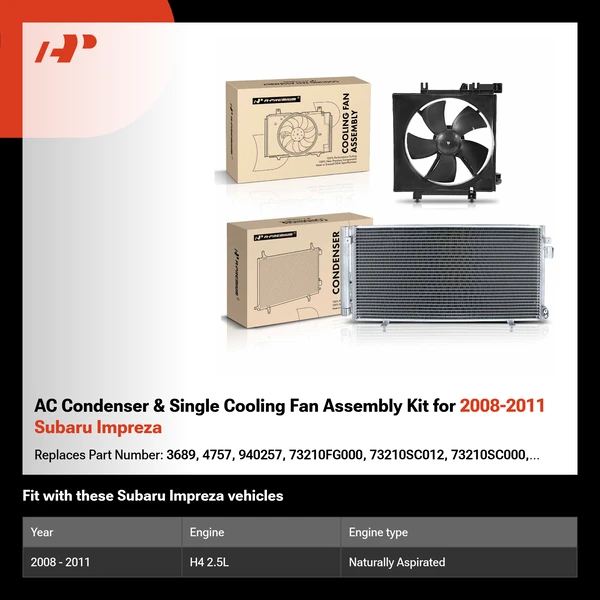 AC Condenser & Single Cooling Fan Assembly Kit for 2008-2011 Subaru Impreza