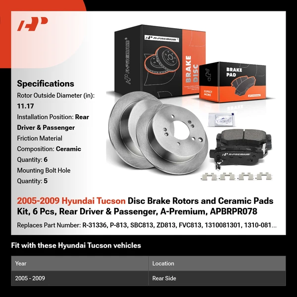 2005-2009 Hyundai Tucson Disc Brake Rotors and Ceramic Pads Kit, 6 Pcs, Rear Driver & Passenger, A-Premium, APBRPR078