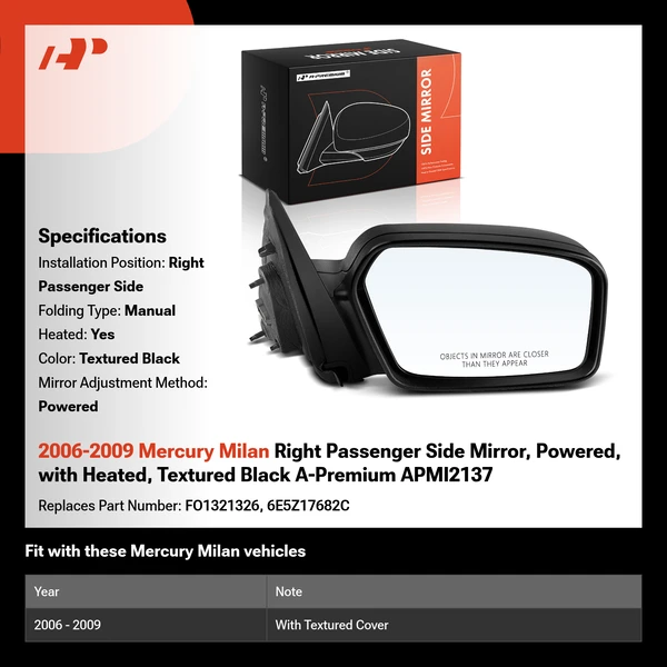 2006-2009 Mercury Milan Right Passenger Side Mirror, Powered, with Heated, Textured Black A-Premium APMI2137
