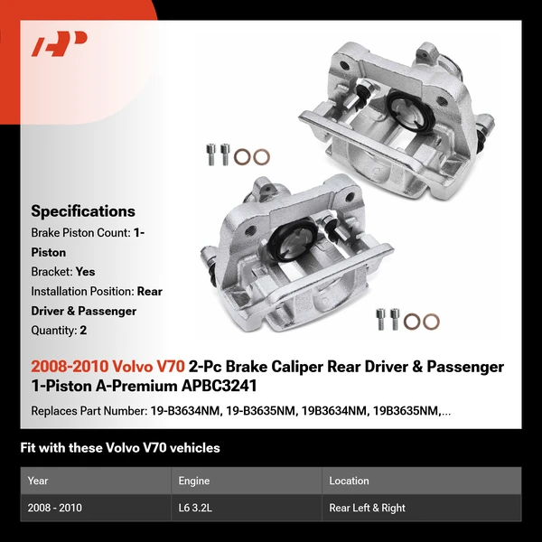 2008-2010 Volvo V70 2-Pc Brake Caliper Rear Driver & Passenger 1-Piston A-Premium APBC3241