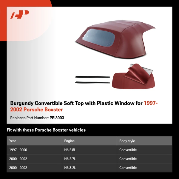 Burgundy Convertible Soft Top with Plastic Window for 1997-2002 Porsche Boxster