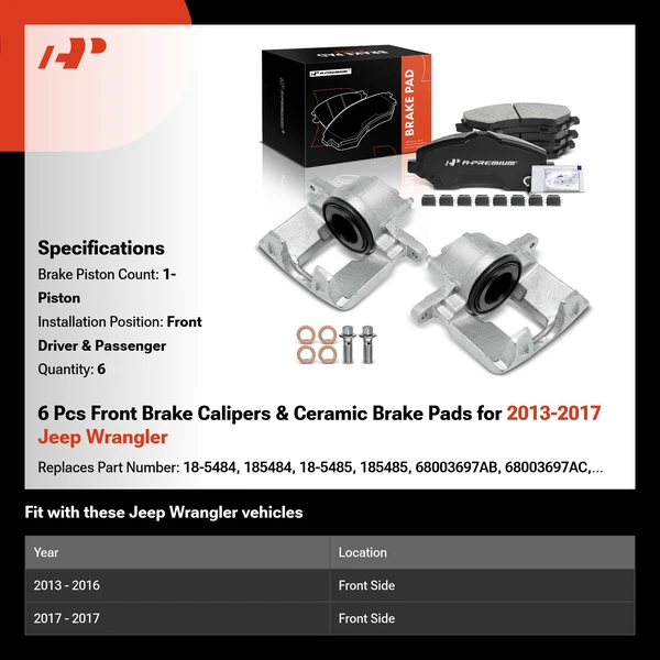 6 Pcs Front Brake Calipers & Ceramic Brake Pads for 2013-2017 Jeep Wrangler