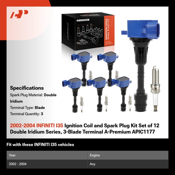 2002-2004 INFINITI I35 Ignition Coil and Spark Plug Kit Set of 12 Double Iridium Series, 3-Blade Terminal A-Premium APIC1177
