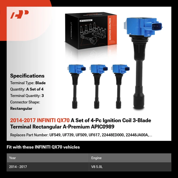 2014-2017 INFINITI QX70 A Set of 4-Pc Ignition Coil 3-Blade Terminal Rectangular A-Premium APIC0989