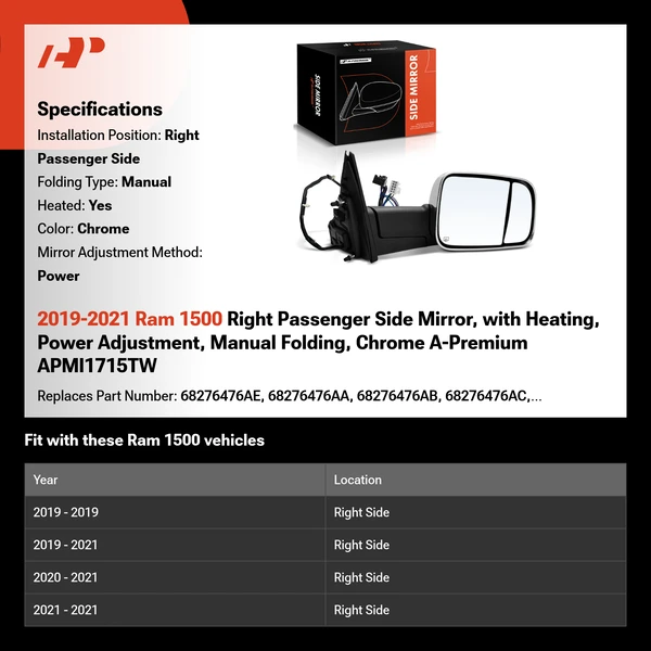 2019-2021 Ram 1500 Right Passenger Side Mirror, with Heating, Power Adjustment, Manual Folding, Chrome A-Premium APMI1715TW