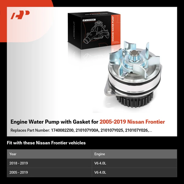Engine Water Pump with Gasket for 2005-2019 Nissan Frontier