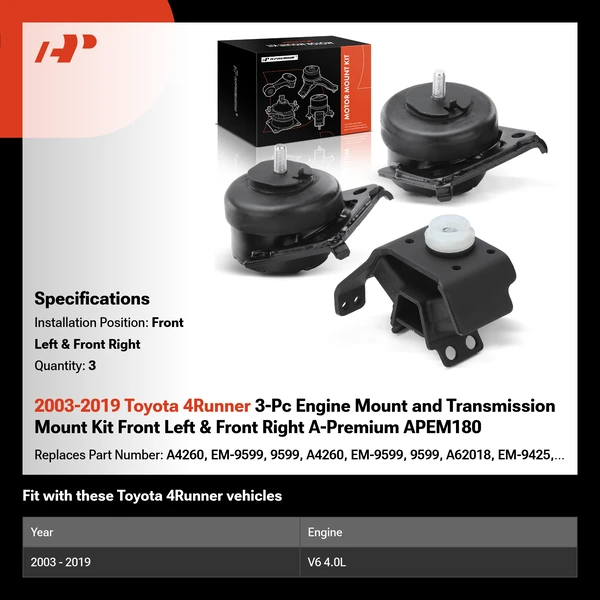 2003-2019 Toyota 4Runner 3-Pc Engine Mount and Transmission Mount Kit Front Left & Front Right A-Premium APEM180