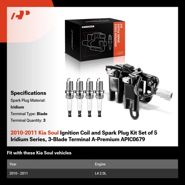 2010-2011 Kia Soul Ignition Coil and Spark Plug Kit Set of 5 Iridium Series, 3-Blade Terminal A-Premium APIC0679