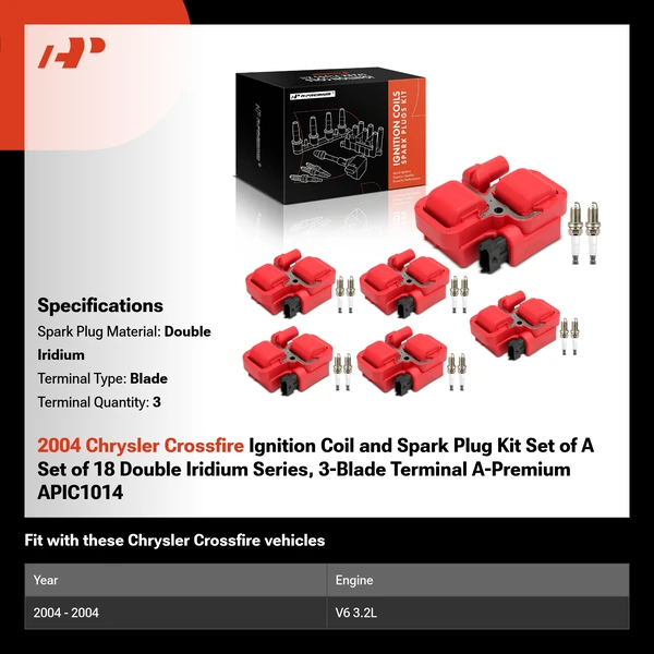 2004 Chrysler Crossfire Ignition Coil and Spark Plug Kit Set of A Set of 18 Double Iridium Series, 3-Blade Terminal A-Premium APIC1014