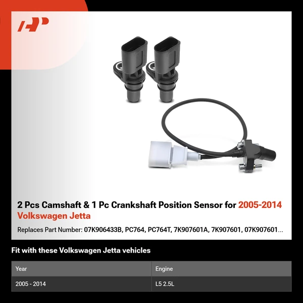 2 Pcs Camshaft & 1 Pc Crankshaft Position Sensor for 2005-2014 Volkswagen Jetta