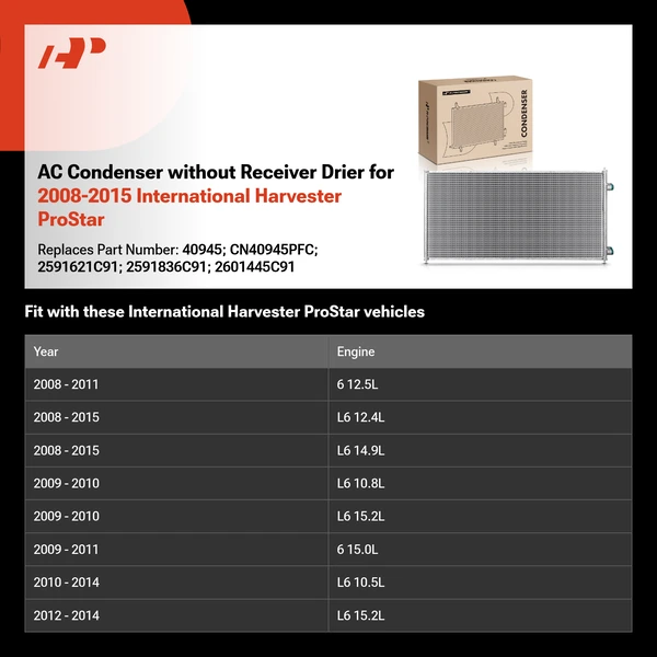 AC Condenser without Receiver Drier for 2008-2015 International Harvester ProStar