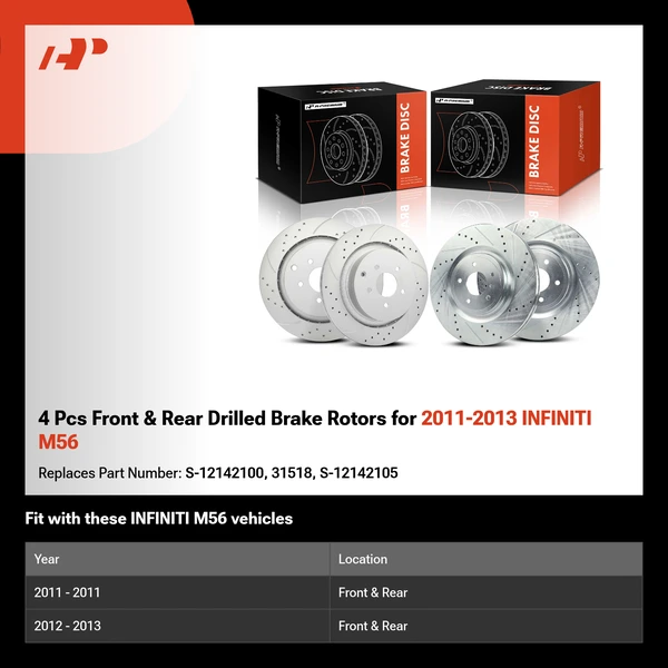 4 Pcs Front & Rear Drilled Brake Rotors for 2011-2013 INFINITI M56