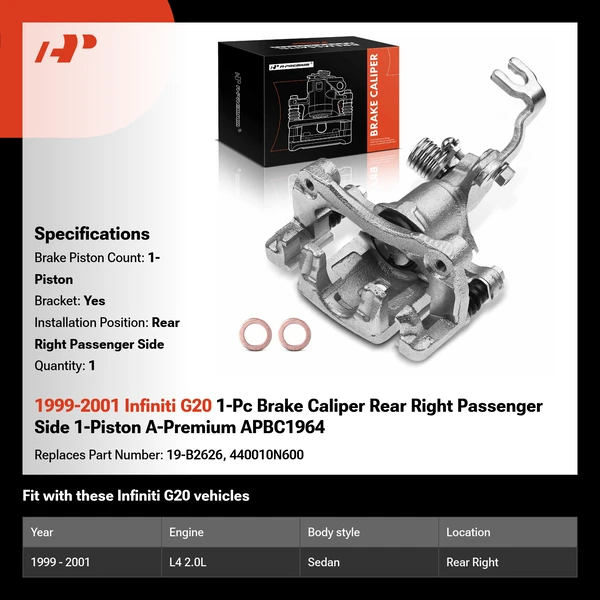 1999-2001 Infiniti G20 1-Pc Brake Caliper Rear Right Passenger Side 1-Piston A-Premium APBC1964