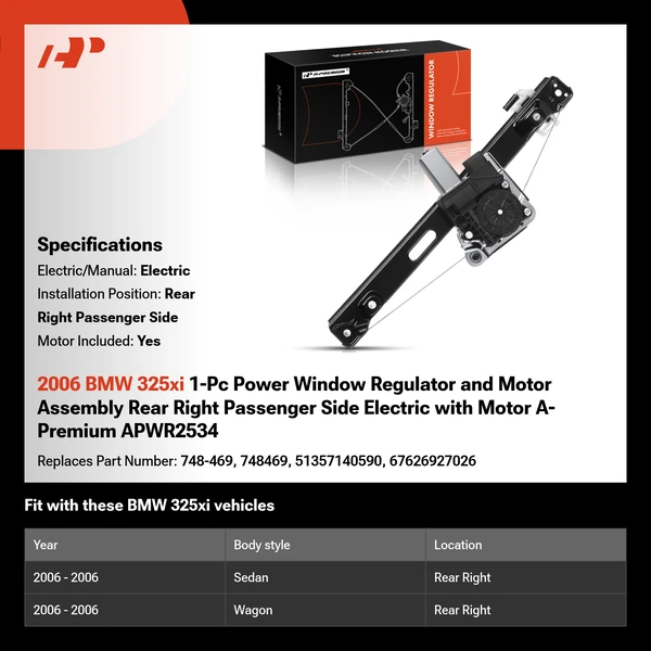 2006 BMW 325xi 1-Pc Power Window Regulator and Motor Assembly Rear Right Passenger Side Electric with Motor A-Premium APWR2534