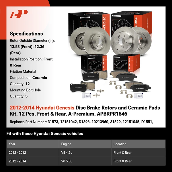 2012-2014 Hyundai Genesis Disc Brake Rotors and Ceramic Pads Kit, 12 Pcs, Front & Rear, A-Premium, APBRPR1646