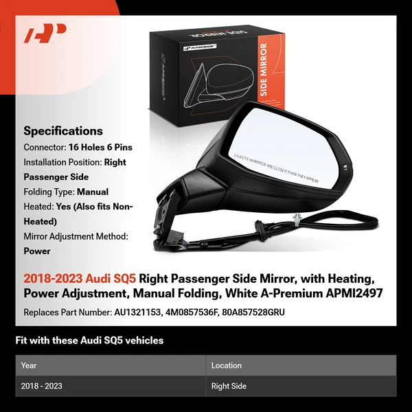 2018-2023 Audi SQ5 Right Passenger Side Mirror, with Heating, Power Adjustment, Manual Folding, White A-Premium APMI2497