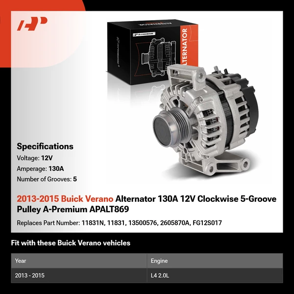 2013-2015 Buick Verano Alternator 130A 12V Clockwise 5-Groove Pulley A-Premium APALT869