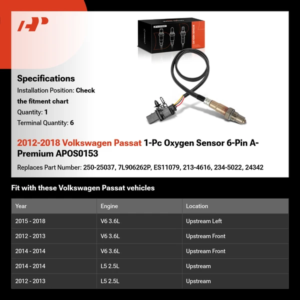 2012-2018 Volkswagen Passat 1-Pc Oxygen Sensor 6-Pin A-Premium APOS0153