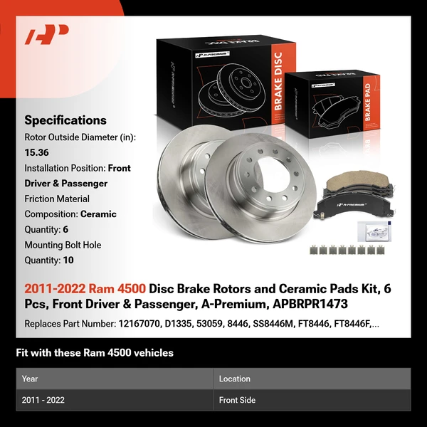 2011-2022 Ram 4500 Disc Brake Rotors and Ceramic Pads Kit, 6 Pcs, Front Driver & Passenger, A-Premium, APBRPR1473