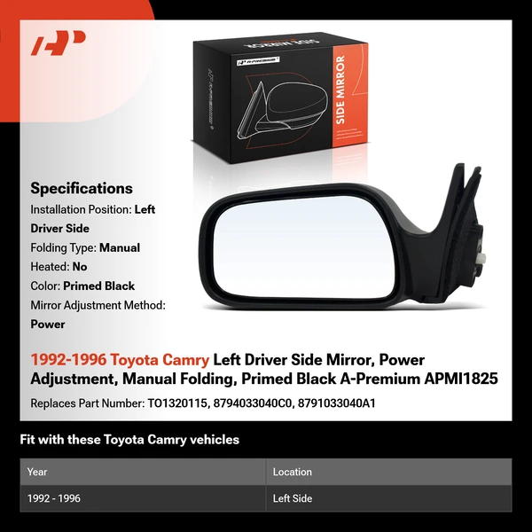 1992-1996 Toyota Camry Left Driver Side Mirror, Power Adjustment, Manual Folding, Primed Black A-Premium APMI1825
