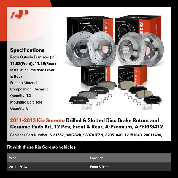 2011-2013 Kia Sorento Drilled & Slotted Disc Brake Rotors and Ceramic Pads Kit, 12 Pcs, Front & Rear, A-Premium, APBRPS412
