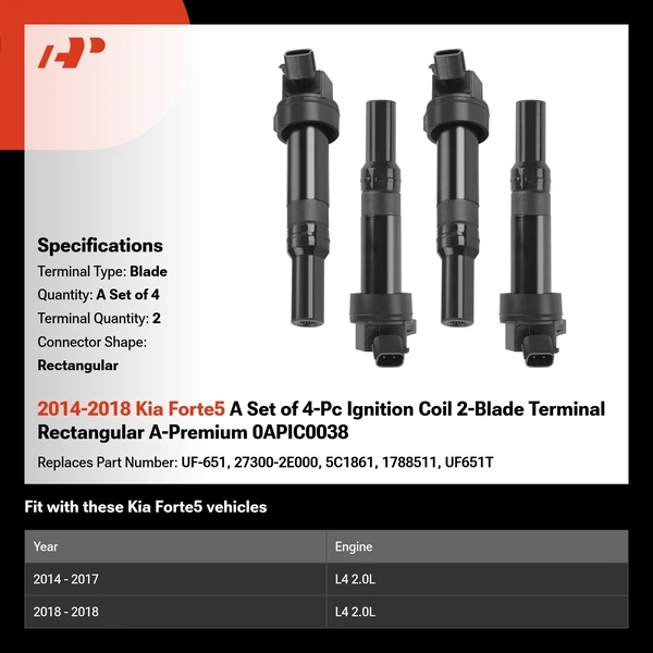 2014-2018 Kia Forte5 A Set of 4-Pc Ignition Coil 2-Blade Terminal Rectangular A-Premium 0APIC0038
