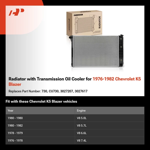 Radiator with Transmission Oil Cooler for 1976-1982 Chevrolet K5 Blazer