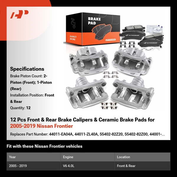 12 Pcs Front & Rear Brake Calipers & Ceramic Brake Pads for 2005-2019 Nissan Frontier